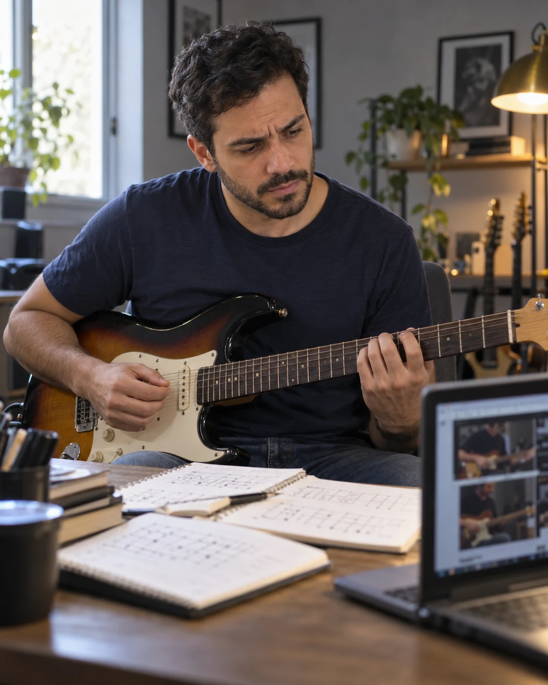 Imagem ilustrativa de guitarrista estudando com dúvidas, entre exercícios e vídeos isolados